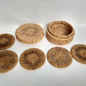 Vintage Wicker 5 Coasters Set Rattan Woven Lidded Round Basket Handmade 1970s 4"